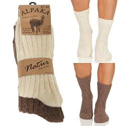 Alpaka Herren Damen Socken, extra warme Winterstrümpfe, Wollsocken Wintersocken Natur 17 (35-38, Beige/Dunkelbraun) von Cleostyle - Collection