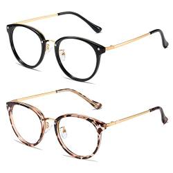 Cleoxyge 2 Stück Computerbrille Blaulichtfilter Brille Herren-Damen Vintage, Anti-Müdigkeit Brille Ohne Stärke Damen Rude Metallgestell (2 Stück(Black+Leopard)) von Cleoxyge