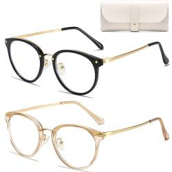 Cleoxyge 2 Stück Computerbrille Blaulichtfilter Brille Herren-Damen Vintage, Anti-Müdigkeit Brille Ohne Stärke Damen Rude Metallgestell (2 Stück(Champagner+Black)) von Cleoxyge