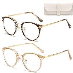 Cleoxyge 2 Stück Computerbrille Blaulichtfilter Brille Herren-Damen Vintage, Anti-Müdigkeit Brille Ohne Stärke Damen Rude Metallgestell (2 Stück(Champagner+Leopard)) von Cleoxyge