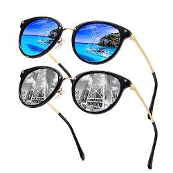 Cleoxyge 2 Stück Verspiegelt Polarisierte Sonnenbrille-Herren-Damen,Vintage Elegant Metallrahmen UV400-Schutz Outdoor Für Angeln Fahren Reisebrille Mode Sonnenbrille von Cleoxyge