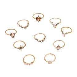 10Stück Gold ethnischen Strass Ringe Set für Frauen Frauen Vintage-stapelbare Boho Fingerringe legierte Strass Ringe Retro TG545 (Gold-3, One Size) von Clicitina
