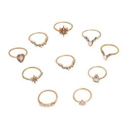 Clicitina 10Stück Gold ethnischen Strass Ringe Set für Frauen Frauen Vintage-stapelbare Boho Fingerringe legierte Strass Ringe Retro Ringe Mit Steinchen (3-Gold, One Size) von Clicitina