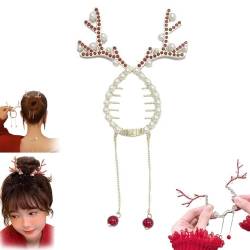 Strass Quaste Pferdeschwanz Haarklammer Perle Quaste Pferdeschwanz Haarspange Weihnachten Geweih Perle Quaste Strass Haarspangen Weihnachten Elch Kopfschmuck für Frauen (Rot) von Clisole