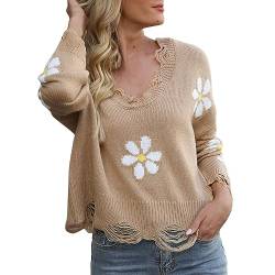 Jumpers for Women Ripped Long Sleeved Loose Knit Sweater with Small Flower V Neck Pullover Basic Pullover Blouse A-152 von Clode