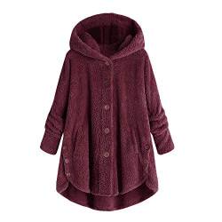 Women's Hoodie Coat Fall Sweatshirt Fashion Solid Color Hooded Button Loose Lightweight Outwear Coat Trendy Blouse (1A-Wine, XXL) von Clode