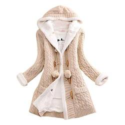 Cloodut Damen Winter Elegante Gestrickte Strickjacke Outwear Lange Verdicken Cardigan Strickmantel mit Kapuzen Winterjacke Pullover Pulli Offener Ausschnitt(Beige,M) von Cloodut