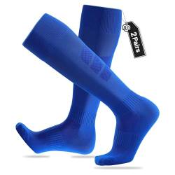 Closemate 2 Paar Fußballsocken Herren Anti Rutsch Fußballstutzen Kompression Knie High Gepolsterte Tube Socken Sportsocken Lange Training Sockenstutzen für Fußball Laufen Training(2Blau, Größe M) von Closemate