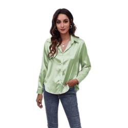 Clotth Damen Langärmliges Damenhemd Aus Satinimitatseide Button Down Shirt, Light Green-XXL, XXL EU von Clotth