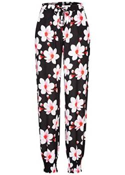 Cloud 5ive Damen Viskose Hose mit Bündchen 2-Pockets & Big Flowers schwarz rosa Weiss von Cloud 5ive