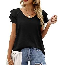 Damen T-Shirts Sommer V-Ausschnitt Tops Rüschen Kurzarm Casual Loose Fit (XXL, Schwarz) von Cloudsemi