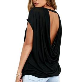 iMELY Damen Shirt Casual Blusen Rückenfrei O Neckline Loose Fit Fashion Top Tee T-Shirts (M, Schwarz) von Cloudsemi