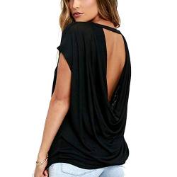 iMELY Damen Shirt Casual Blusen Rückenfrei O Neckline Loose Fit Fashion Top Tee T-Shirts (XL, Schwarz) von Cloudsemi