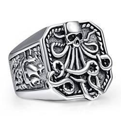 Cloyo Edelstahl Ring Herren Siegelring Silber Schwarz Vintage Punk Ring mit Octopus Gothic Rocker Ringe für Männer Größe 62 (19.7) von Cloyo