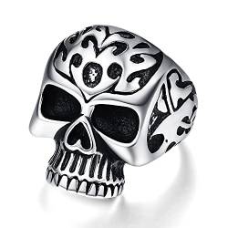 Cloyo Punk Skull Ring Herren Silber Schwarz Edelstahl Ringe Gothic Schädel Biker Ringe für Männer Vintage Fingerring Größe 65(20.7) von Cloyo
