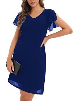 Cobciecs Chiffonkleid Damen Festlich Knielang Abendkleid Kurz Festkleid A Linie Kleid für Hochzeitsgäste Mit Volant ärmel Abend-Kleider Minikleid Blau,M von Cobciecs