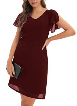 Cobciecs Chiffonkleid Damen Festlich Knielang Abendkleid Kurz Festkleid A Linie Kleid für Hochzeitsgäste Mit Volant ärmel Abend-Kleider Minikleid Weinrot,M von Cobciecs