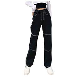 Cocila Damen Punk Schwarze Baggy Jeans, High Waist Cargo Hosen, Retro Gothic Straight Leg Lange Jeans Freizeithosen Breites Bein Hose von Cocila