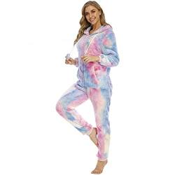 Cocila Damen Teddy Fleece Jumpsuit Schlafanzug Tie dye Muster Onesie Pyjama Kuschelig Kapuze Lang Hausanzug Herbst Winter Einteiler Schlafoverall Homewear mit Reißverschluss Tasche von Cocila