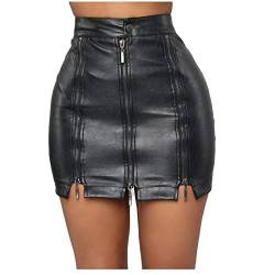 Cocila High Waist Lederrock, Damen Sexy Vorne Reißverschluss Wickelrock Minirock, Fashion Schwarzer Kurz Lederrock Gothic Punk Streetwear von Cocila