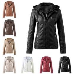 Cocila Lederjacke Damen Kunstlederjacke Herbst Mantel Langarm Übergangsjacke PU Leder Jacke Moto Bikerjacke Freizeitjacke Reißverschluss Mantels Vintage Biker Jacke von Cocila