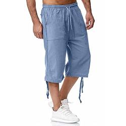 Cocila Leinenhose Herren Kurz 3/4 Cargo Hose Einfarbig Sommerhose Freizeithose Männer Leinen Sporthose Jogginghose Loose Strandhosen Herrenhose mit Tasche von Cocila