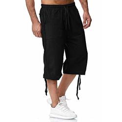 Cocila Leinenhose Herren Kurz 3/4 Cargo Hose Einfarbig Sommerhose Freizeithose Männer Leinen Sporthose Jogginghose Loose Strandhosen Herrenhose mit Tasche von Cocila