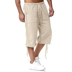 Cocila Leinenhose Herren Kurz 3/4 Cargo Hose Einfarbig Sommerhose Freizeithose Männer Leinen Sporthose Jogginghose Loose Strandhosen Herrenhose mit Tasche von Cocila