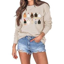 Cocila Sweatshirt Damen Herbst Winter Pullover mit Huhn Aufdruck Modisches Langarmshirt Rundhalsausschnitt Pullover Retro Longshirt von Cocila