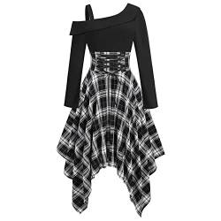 Cockjun Empire-Taille Kleid für Damen Kleid Langarm Kleid Goth Kleid Rundhalsausschnitt Gürtel für Kleider Damen Retro Hoch Gitter Makings Kleid Damen Retro Plaid Hoch Temperament Kleid Schwarz XXL von Cockjun