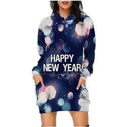 Cockjun Hoodie Kleid Mode Kleid für Frauen 2023 Casual Langarm Kleid Damen Kleider Happy New Year Druck Taschen Kleid Blau M Frauen Kleid Pullover Taschen Sweatshirt Kleid von Cockjun