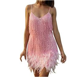 Cockjun Paillettenkleid Abendgesellschaftskleid Ärmellose Kleider für Damen Lässig Sommer Spaghettikleider Rundhalsausschnitt Damenmode Feder Fest Minikleid Damen Fest Quaste Federkleid Rosa M von Cockjun