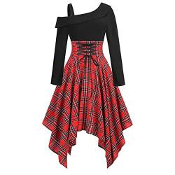 Cockjun Rote Kleider Elegante Damenkleider Langarm-Kleid für Frauen Goth-Kleid ic Kleid Plaid-Kleider Rundhalsausschnitt Retro-Kleid mit hoher Taille und Gürtel Stil Damenkleid mit hoher Taille von Cockjun