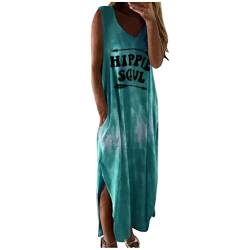 Cockjun V-Ausschnitt Tie-Dye-Kleid für Frauen Ärmellose Kleider Lässiges Sommerkleid mit Taschen Lange Kleider Frauen-Druck-Kleid Hippie-Soul-Damen-Gradienten-Los-Schlitz-Kleid Grün XXL von Cockjun