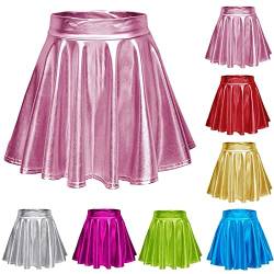 Damen Glänzendes Metallischer Faltenrock Mini Skater Rock,2023 New Sexy PU Falten Kurze Röcke, elastischen Tutu Rock Karneval Kostüm Abendkleid Gelegenheit Zubehör (Rosa, S) von Cockjun