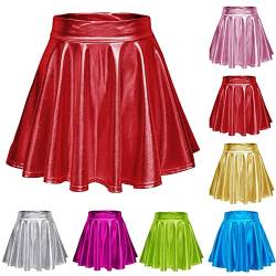 Damen Glänzendes Metallischer Faltenrock Mini Skater Rock,2023 New Sexy PU Falten Kurze Röcke, elastischen Tutu Rock Karneval Kostüm Abendkleid Gelegenheit Zubehör (Rot, XL) von Cockjun