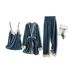 Damen Samt Schlafanzug Nachthemd Hosenträger Mantel Hose Sexy Hauskleidung 3-teilig Damen Gold Samt Schlafanzug Pyjama, Hosenträger, Hose Loungewear 3-teiliges Set Blau XL von Cockjun