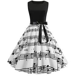 Damen Sommerkleid Party Kleider Damen Swing Kleid Damen Musiknote Druck der großen Retro Rock Spleißen Kleid näht Vintage äRmelloses Mit Rundhalsausschnitt Kleid von Cockjun