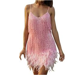 Partykleid Paillettenkleid für Frauen Blush Pink Kleid Modekleid Spaghettikleid Mini Sommer Federkleid Ärmellos Solid Quaste Kleid Rundhals Damen Hosenträger Festes Kleid von Cockjun