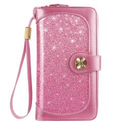 Coco Rossi Geldbörsen für Damen, mehrere Kartenhalter, Geldbörse, Clutch, Kartenhalter, Organizer, Damengeldbörse mit Handgelenkschlaufe, Pfirsich-Glitzer, long purse von Coco Rossi