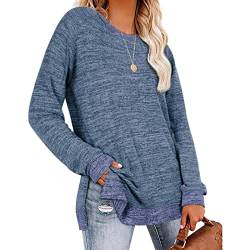 Bluse Damen Langarm T Shirt Lässige Rundhals Oberteile Farbblockierung Seitenschlitz Basic Tops Damenblusen Hemdbluse für Frauen (L-Buntes Blau) von Cocoarm