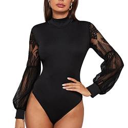 Cocoarm Body Damen V Ausschnitt Langarm Bodysuit mit Laternenärmeln Langarmshirt mit Spitze Spleißen Mesh Ärmel Sexy Jumpsuits (Schwarz-L) von Cocoarm