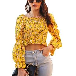 Cocoarm Damen Bauchfrei Oberteil Langarm Crop Top Langarmshirt Puffärmel Tops mit Quadratischem Ausschnitt Blumenbluse Langarmbluse Pullover Cropped Tops(L-Gelb) von Cocoarm