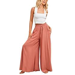 Cocoarm Damen Breites Bein Hose Sommerhose Schlaghose Elegante Business Hosen Elastisch Hohe Taille Freizeithose Jogginghose Casual Pants Laufenhose mit Kordelzug(2XL-Orange Rot) von Cocoarm