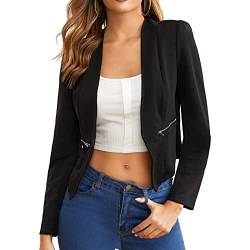 Cocoarm Damen Elegant Langarm Blazer Slim Fit Anzugjacke Kurz Frauen Sakko Lässig Reine Farbe Jacke mit Taschen(2XL-Schwarz) von Cocoarm