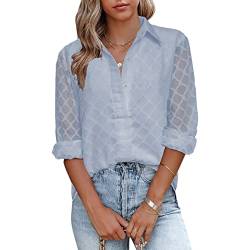 Cocoarm Damen Frühling Herbst Revers Umlegekragen Langarm Spitzenhemd Lässig Lose Single Button Down Tops Bluse(2XL-Himmelblau) von Cocoarm