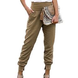 Cocoarm Damen Hose Hohe Taille Bleistifthose 9/10 Casual Elegant Pants Einfarbig Freizeithose Jogger Pants mit Taschen und geteilter Saum(S-Khaki) von Cocoarm