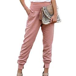 Cocoarm Damen Hose Hohe Taille Bleistifthose 9/10 Casual Elegant Pants Einfarbig Freizeithose Jogger Pants mit Taschen und geteilter Saum(S-Rosa) von Cocoarm