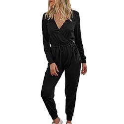 Cocoarm Damen Jumpsuit lang Einteiler Overall V-Ausschnitt Langarm Playsuit Elegant Casual Overalls Einfarbig Romper Hosenanzug Romper(L-Schwarz) von Cocoarm