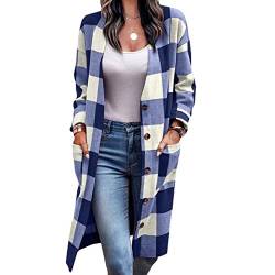 Cocoarm Damen Karierte Hemd Jacke Langarm Shacket Hemdjacke Karo Hemd Bluse Mantel mit Knöpfen Lang Freizeitjacke Oberteile mit Tasche(L-Blau) von Cocoarm